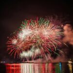Colorful fireworks illuminating the night sky above a serene water body, creating a festive atmosphere.
